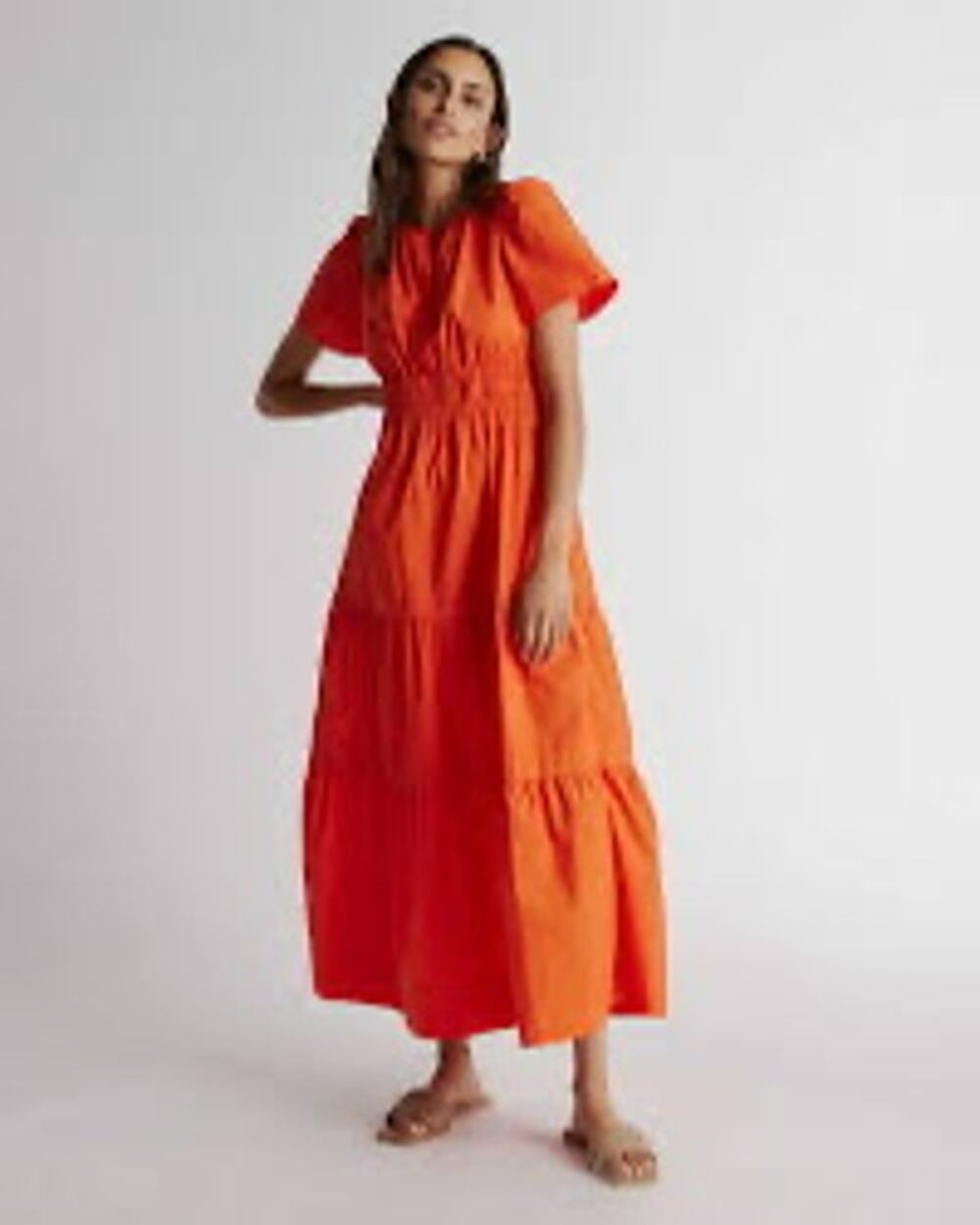Quince Poplin Tiered Maxi Dress V-Neck Orange Organic Cotton Size Small Resort